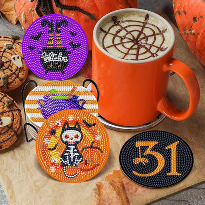 8 pcs 5D DIY Halloween Diamond Art Coasters with Holder for Adults Beginners, Home Office Table Decor,Halloween Diamond Coasters Gifts, Halloween Decorations,Skull Diamond Art Kits (QLBD-01)