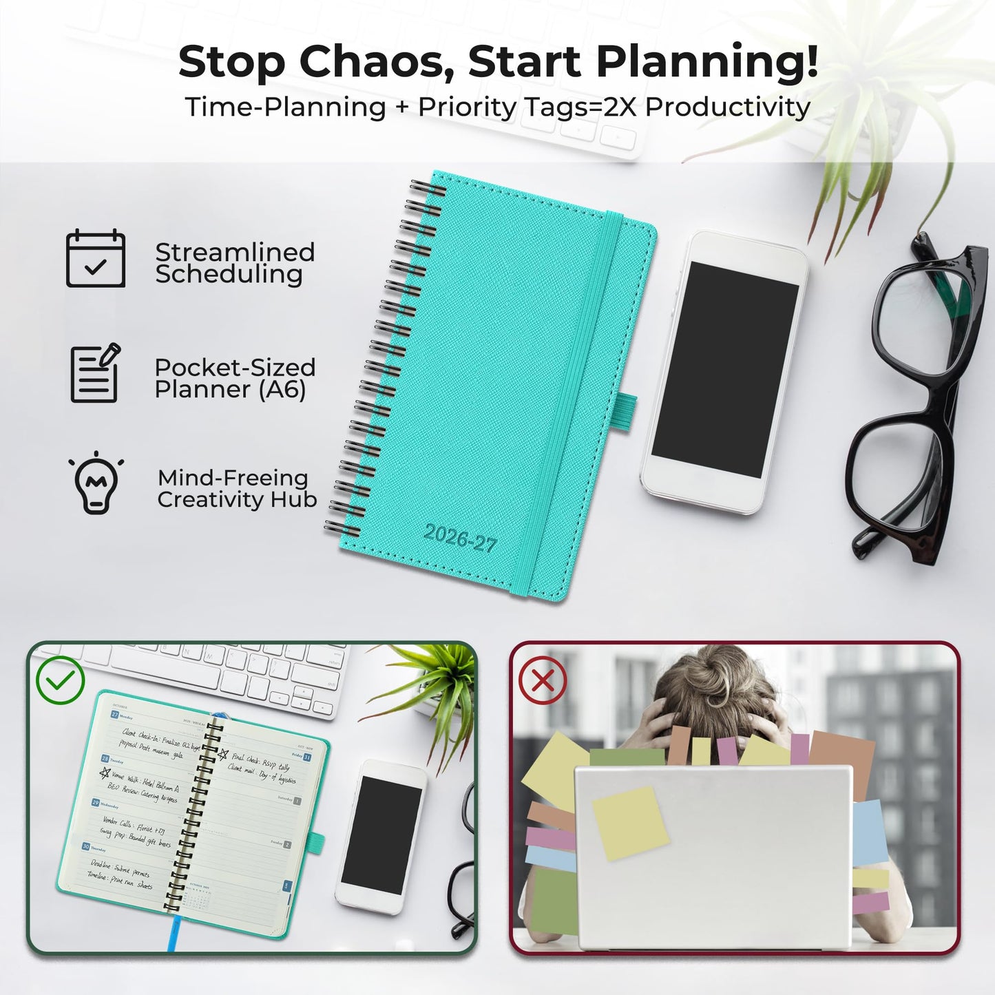 IN-LUXPRO Planner 2026-2027 Daily Weekly and Monthly,6.5"x3.75",18 Months Spiral Bound Calendar Agenda with Self-adhesive Pen Holder,2026 Academic Plan with Vegan Leather Soft Cover,Light Blue