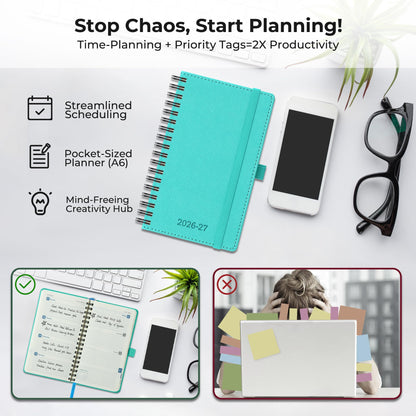 IN-LUXPRO Planner 2026-2027 Daily Weekly and Monthly,6.5"x3.75",18 Months Spiral Bound Calendar Agenda with Self-adhesive Pen Holder,2026 Academic Plan with Vegan Leather Soft Cover,Light Blue