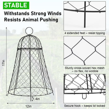 Garden Cloches for Plants 6 Pack - Chicken Wire Outdoor Plant Protectors from Animals - Heavy-Duty Metal Cage with Detachable Lid - Rustproof Covers - 12"D × 17"H - Blocks Rabbits, Squirrels & Birds