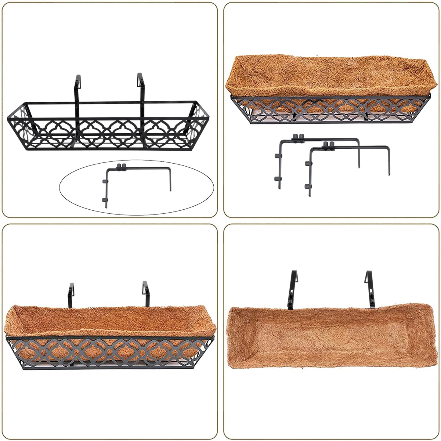 LAWYAMAI 24 Inch Railing Planter Box with Coco Liner, Adjustable Metal Hanging Planter, Window Box for Balcony Deck Fence, Outdoor Flower Box Black, 2 Pack