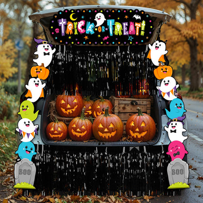 Aperturee Halloween Trunk Or Treat Car Decorations Kit — 70.8x15.5 Inch Banner, Porch Banner, 2x6m Ropes, Rain String Curtains, Durable Oxford Fabric, Fun Halloween & Trick-or-Treat Themes