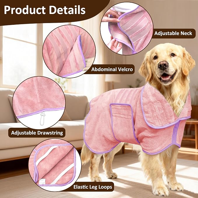 Soft Dog Bathrobe Fast Drying Dog Coat, Super Absorbent Dog Towels for After Bath, Microfiber Pet Robe Adjustable Collar & Belly Warm Keeping Dogs Coat for Pet Dogs & Cats (Pink, Small)