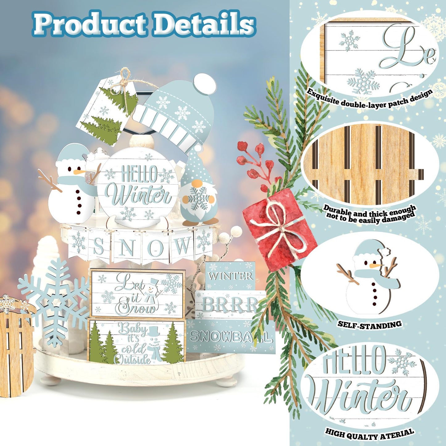 FairySandy 15 Pcs Winter Tiered Tray Decor Snowman and Snowflakes Wooden Signs Farmhouse Winter Tiered Tray Decorations Set Wood Table Decor for Holiday Home Kitchen