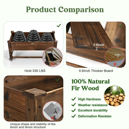 OIPRTGFJ Cedar Wood Outdoor Raised Garden Bed Planter Box with Locking Wheels, 41x21x20 inch, Carbonization Color