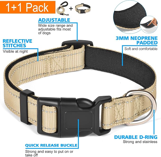 Ladoogo Reflective Dog Collar Padded with Soft Neoprene Breathable Adjustable Nylon Dog Collars for Small Medium Large Dogs (Small (Pack of 1), Vanilla Collar+Leash)