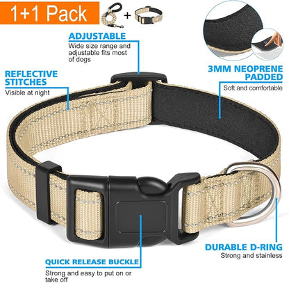 Ladoogo Reflective Dog Collar Padded with Soft Neoprene Breathable Adjustable Nylon Dog Collars for Small Medium Large Dogs (Large (Pack of 1), Vanilla Collar+Leash)
