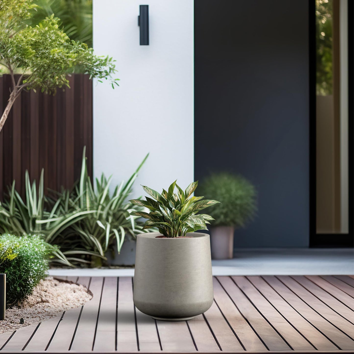 Kante 13" Tall Round Concrete Planter, Medium Plant Pot with Drainage Hole & Rubber Plug – Lightweight Cement Container for Indoor Outdoor, Home Patio Garden Corner,Buff Concrete
