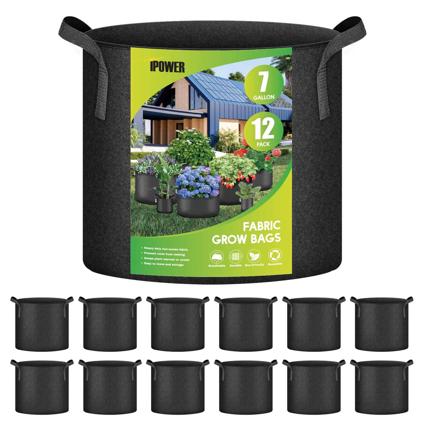 iPower 12-Pack 7 Gallon Grow Bags Heavy Duty Thickened Aeration Nonwoven Fabric Pots with Nylon Handles, for Planting Vegetables, Fruits, Flowers, Black