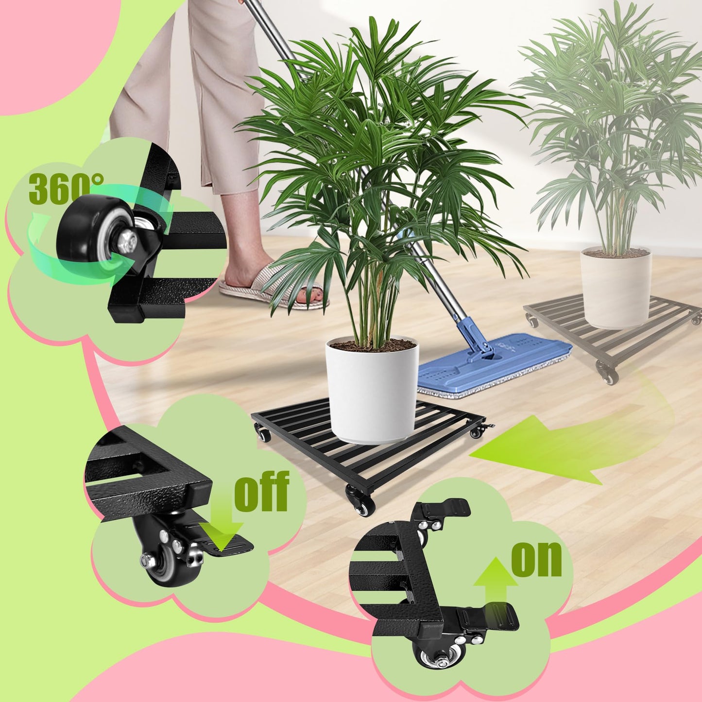 Plant Caddy with Wheels 20'' 2 Pack Metal Rolling Plant Stand Plant Dolly with Lockable Casters Aluminium Heavy Duty Pot Mover Rollers Indoor Outdoor Planter Trolley Holds up 450 Lbs Planter Black