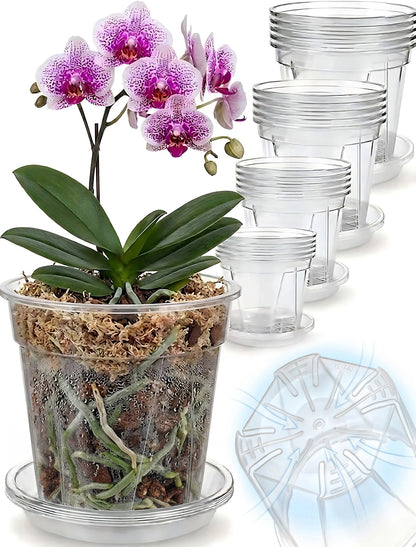 Olsury Clear Nursery Pots with Drainage: Stop Root Rot via Side-Bottom Vents & 1-Second Root Check - Heavy Duty Plastic Pots for Indoor Repotting, Orchids & Aroids (20 Pack with Saucers, 4-6 Inch)