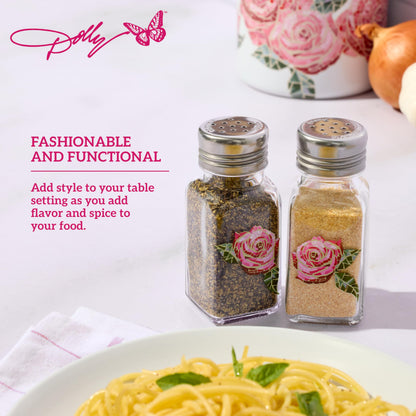 Dolly Parton Glass Salt and Pepper Shakers with Mosaic Rose Design, Easy to Fill, Set of 2, 3 Ounce