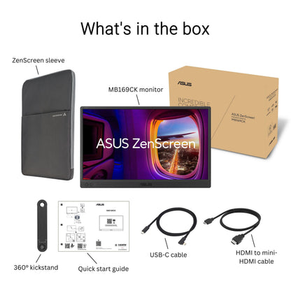 ASUS ZenScreen 15.6” Portable Monitor for Laptop (MB169CK) - Dual USB-C, Mini-HDMI, Plug & Play External Screen for Travel Dual Setup, Full HD, IPS, Anti-Glare Surface, 360° Kickstand, 3yr Warranty