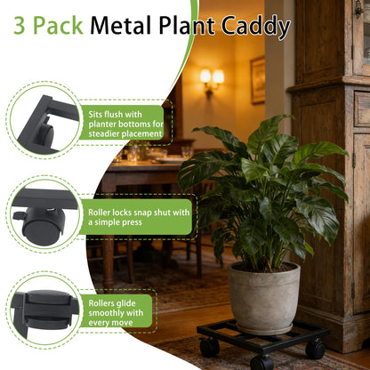 HOSTIC 3 Packs 10in Plant Caddy with Lockable Wheels Large Metal Plant Caddy Square Planter Dolly Pot Mover Rollers Indoor Outdoor Plant, Capacity for 150 Pounds of Flower Pots Black