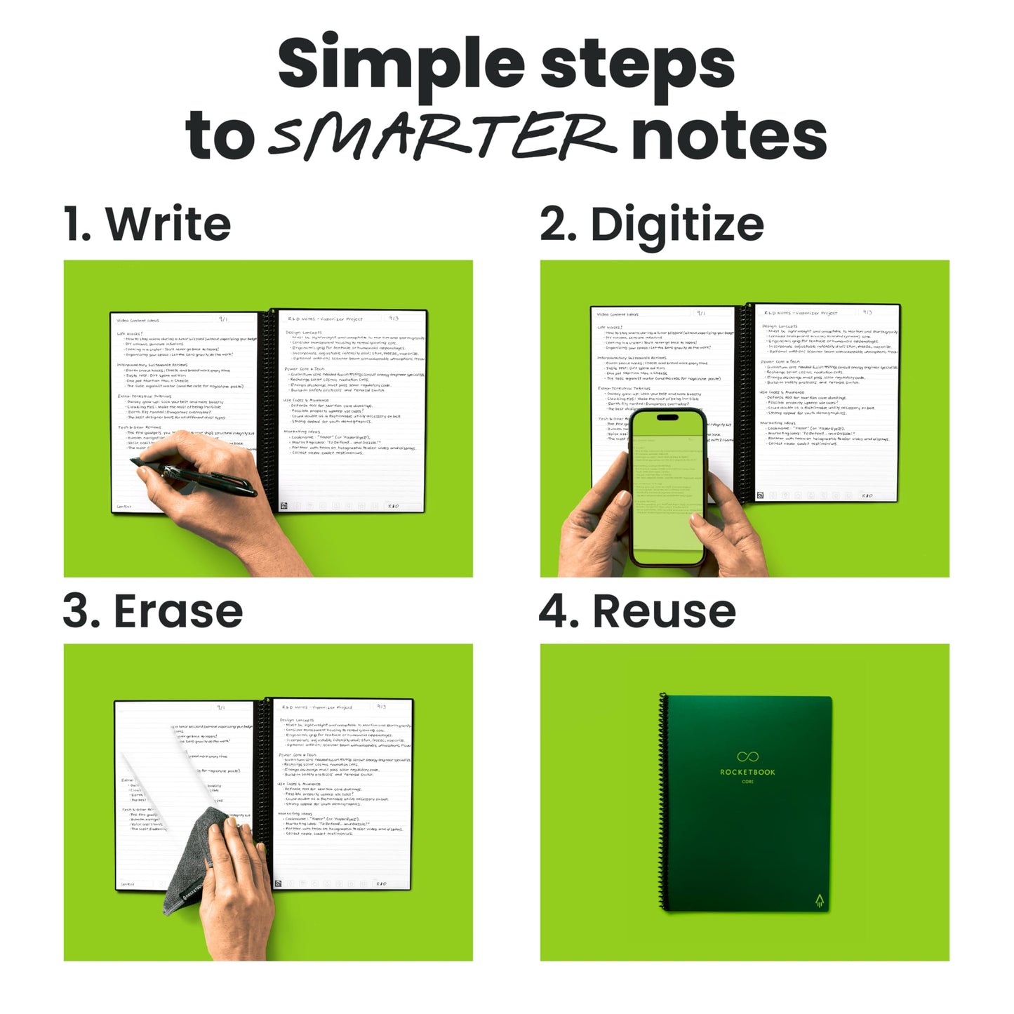 Rocketbook Core Reusable Smart Notebook, Lined Pages For School, Work and Creative Projects, Letter Size 8.5x11, Green - Premium