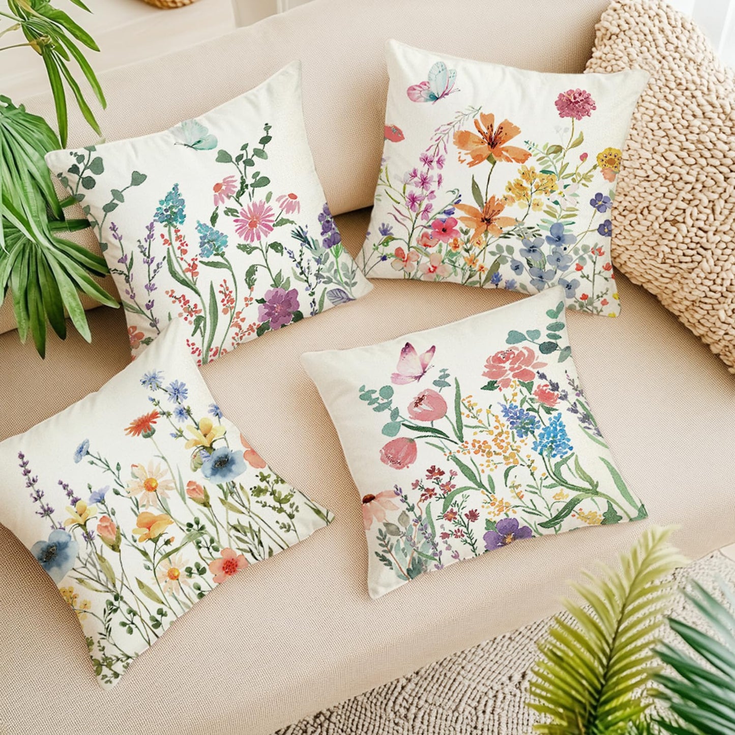 ONFAON Spring Summer Pillow Covers 20x20 Set of 4,Floral Seasonal Summer Outdoor Decoration Pillowcase Linen Cushion Cover for Couch Sofa