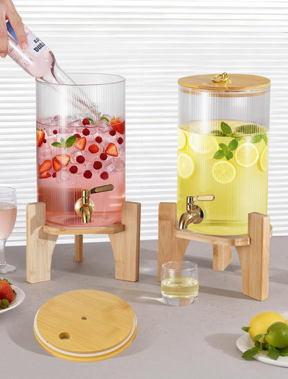 NiHome 2-Pack 1.3 Gallon Drink Dispenser for Parties, 4.9 L Glass Iced Beverage Dispenser, Large Glass Party Drink Dispensers for Lemonade, Tea, Juice & Bamboo Lid, Wood Stand & Stainless Steel Spigot