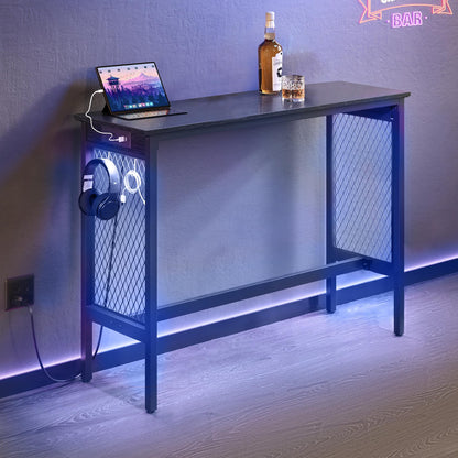 VASAGLE Bar Table with Power Outlets, 47.2 Inches LED Lights Narrow Tall Pub Table, Counter Height Console Desk, Mesh Panels and Metal Frame, for Kitchen, Entryway, Ebony Black and Matte Black
