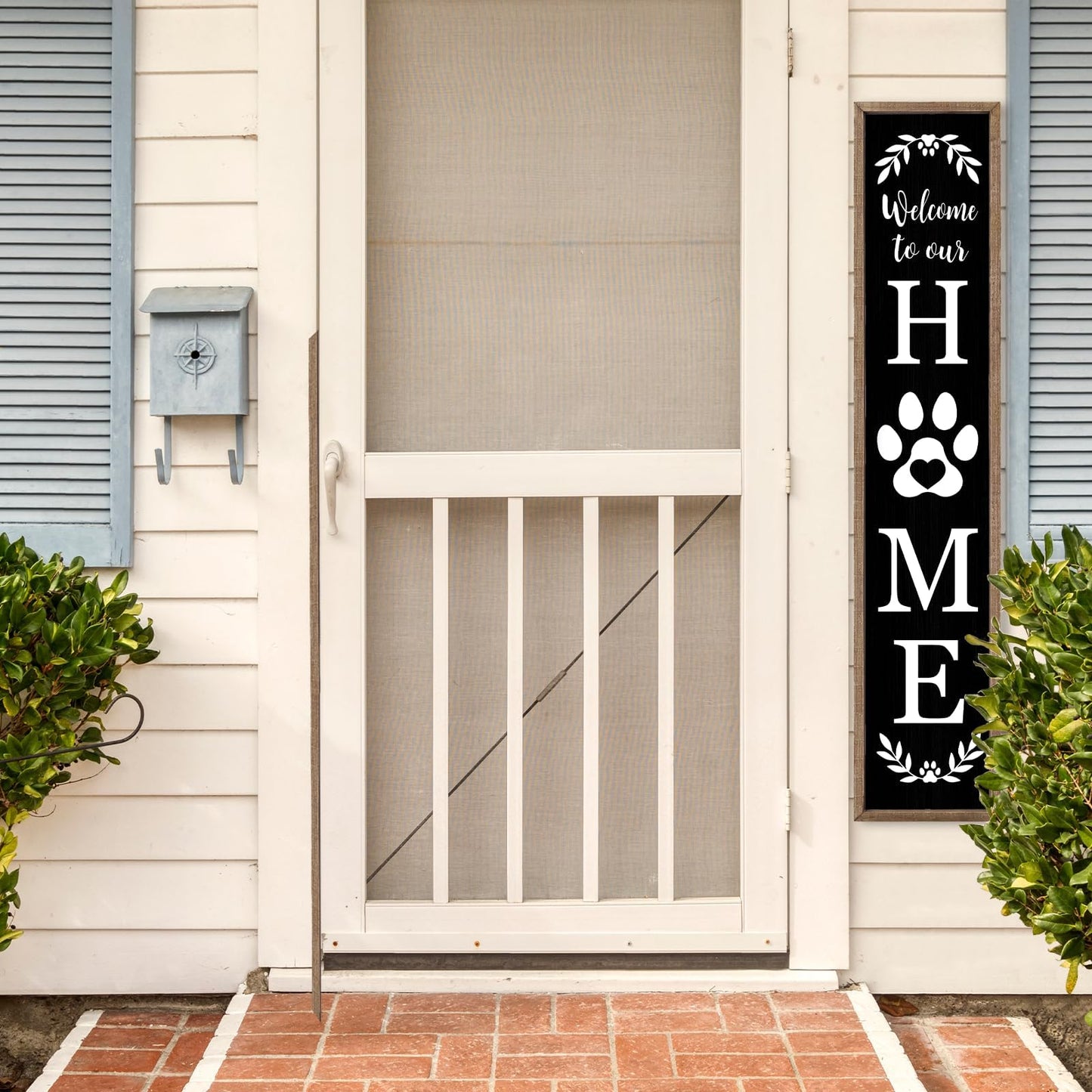 Welcome To Our Home Sign for Front Porch Standing 45X9 Farmhouse Outdoor Front Door Dog Paw Welcome Print Large Rustic Wooden Framed Long Outside Tall Vertical Hanging Decor (Wood Black)