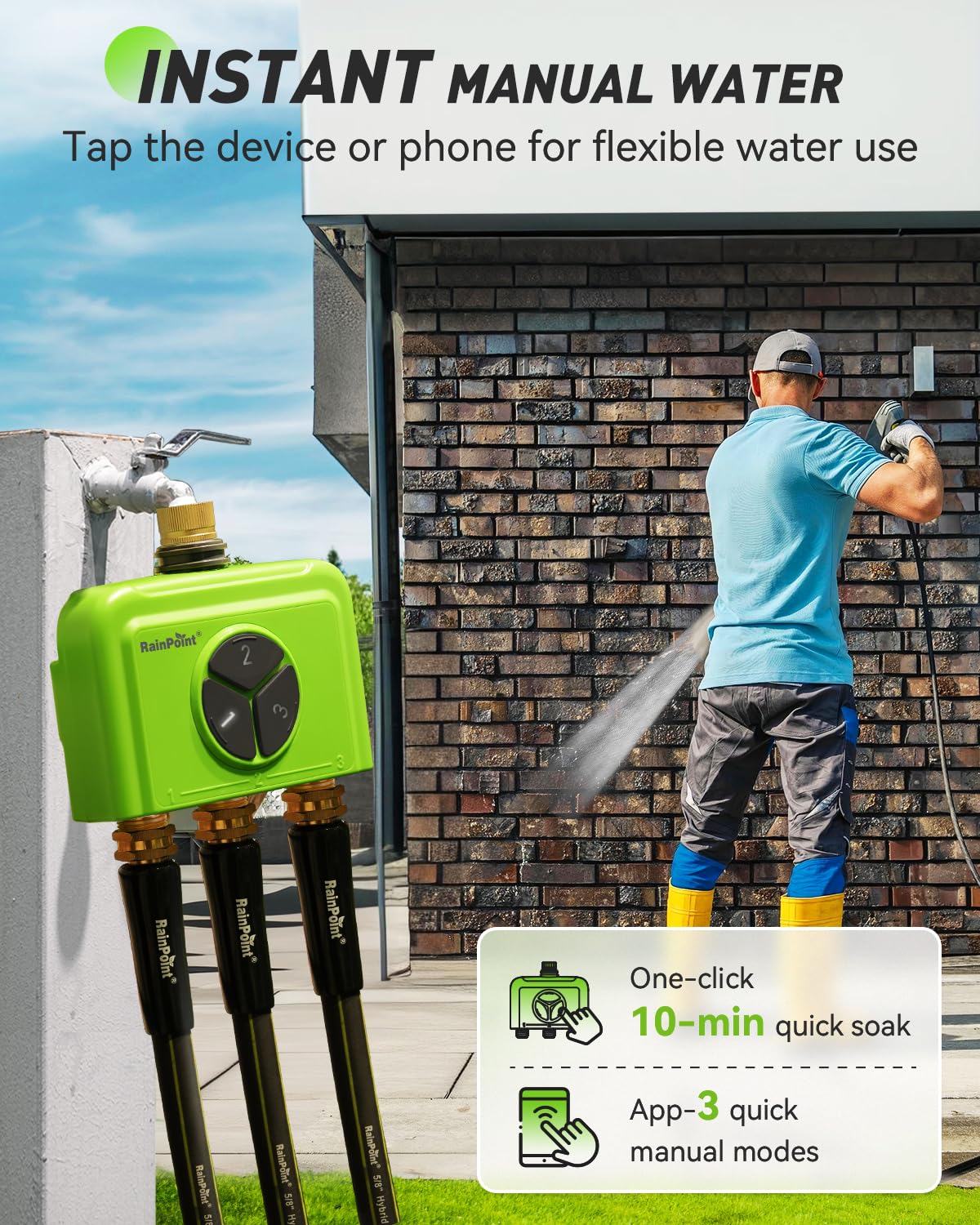 RAINPOINT 3 Zone WiFi Water Timer with Smart Gateway, Brass Inlet/Outlet WiFi Sprinkler Timer, Voice Control, Smart Watering System by Time/Weather/Quantity/Soil Moisture, Rain Delay & Manual Watering