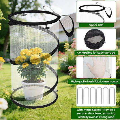 Erinaik 4 Pack Pop up Plant Guard Covers Tent from Animals White, 19.6" x 11.8" Foldable Plant Protectors Mesh Net, Garden Plant Enclosure Protection Cage with Stakes & Carry Bag for Outdoor Plants