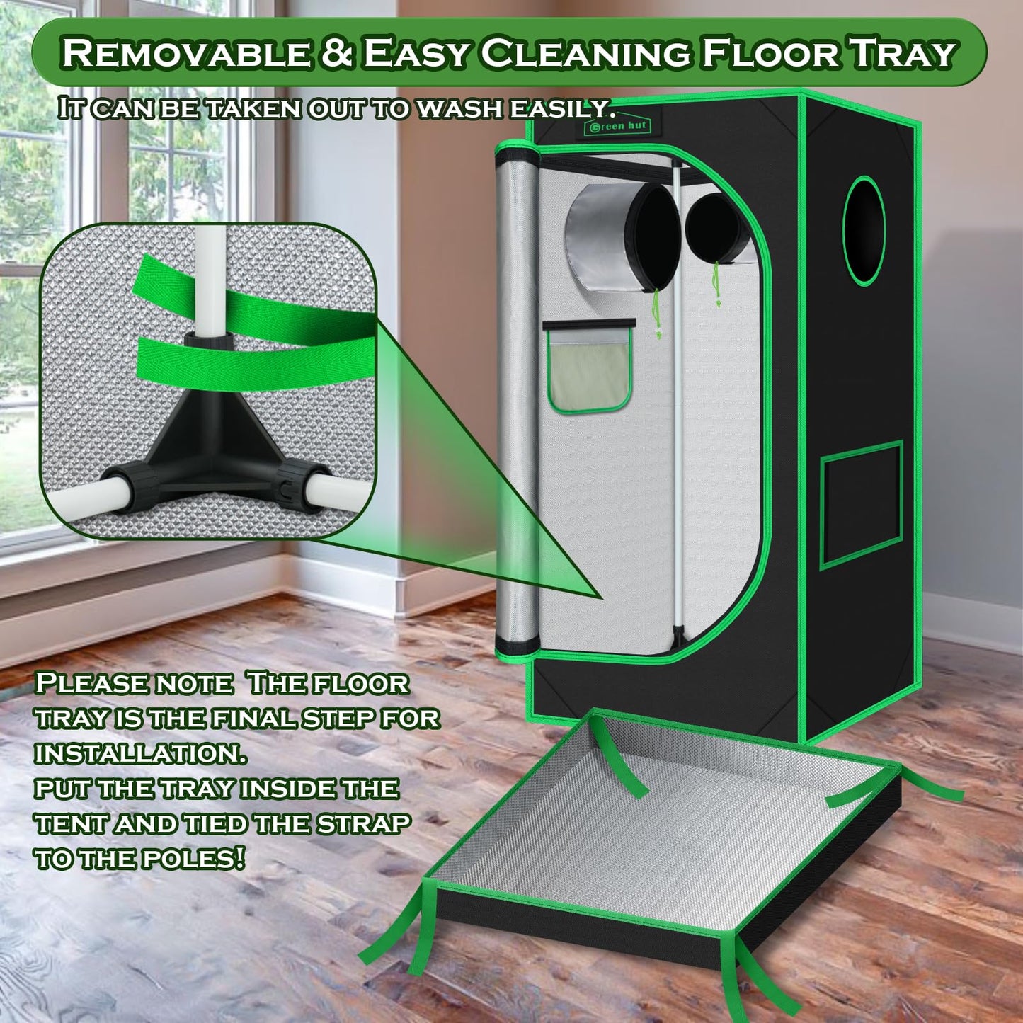 Green Hut Grow Tent 24"x24"x48" 600D Mylar Hydroponic Indoor Grow Tents with Observation Window, Removable Floor Tray and Tool Bag for Indoor Plant Growing 2x2