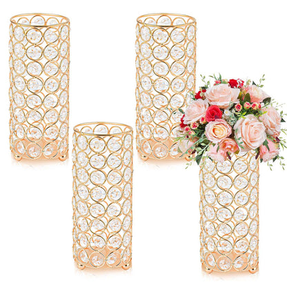 Elegant Crystal Column Vase/Candle Holder, Cylinder Flower Display Tabletop Centerpiece for Weddings & Home Decor (4, Gold)