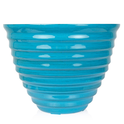 Alpine Corporation 16" Diameter Indoor/Outdoor Ribbed Plastic Planters, Lightweight with Plug-in Drainage Hole, Blue, Medium - Set of 2