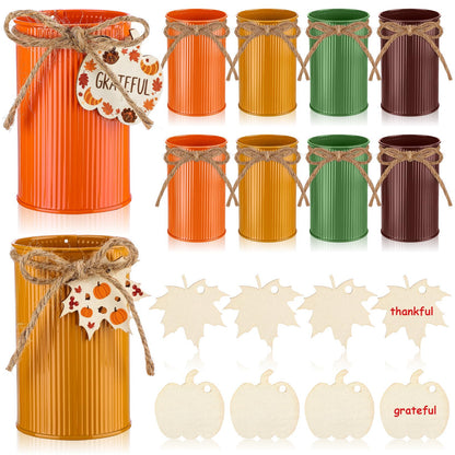 Acellegic 8 Pack Thanksgiving Table Centerpieces Fall Galvanized Metal Vases Decorations Farmhouse Flower Buckets Mason Jar Utensil Holder with Wooden Cutouts & Twine Bow for Holiday Table Decor
