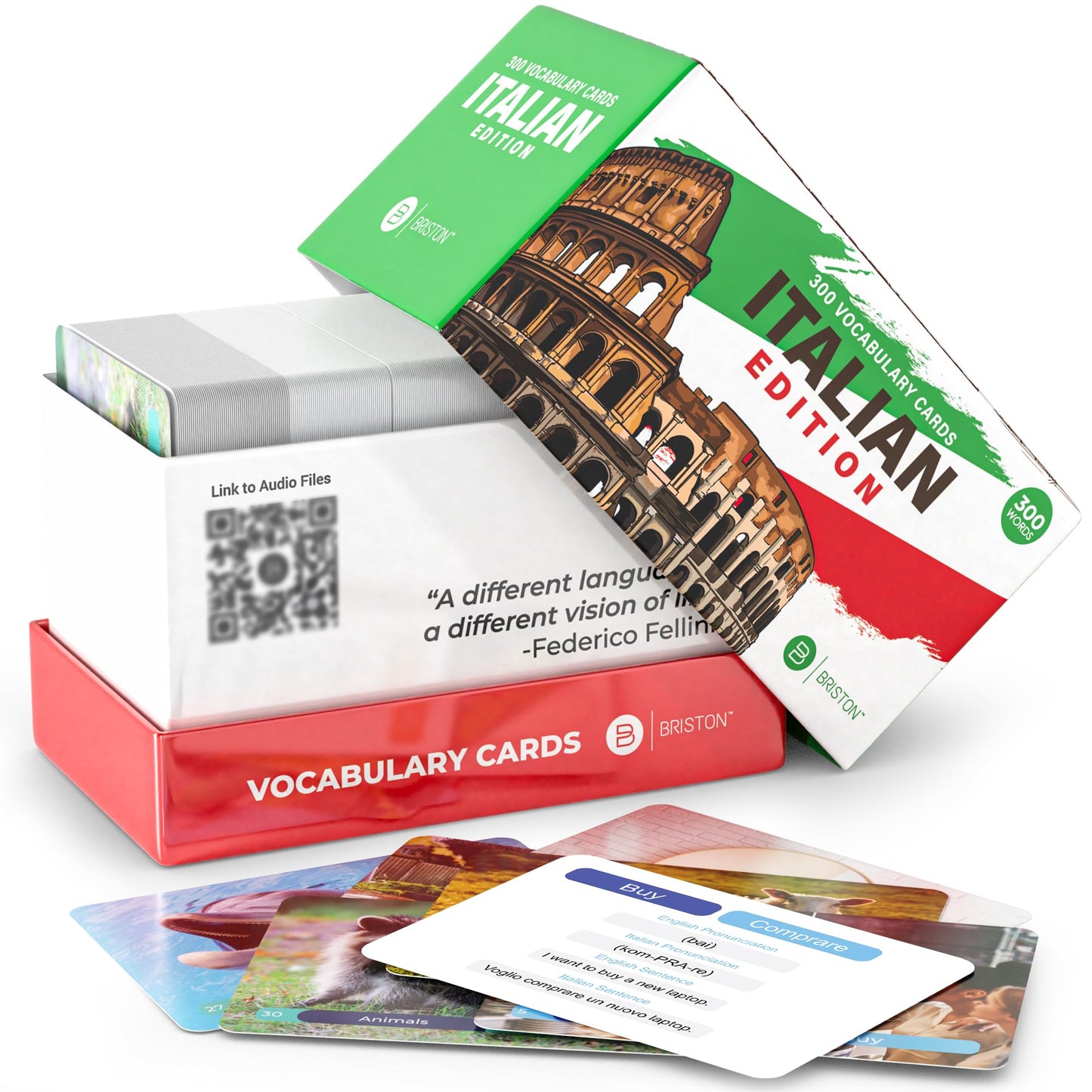 Italian Vocabulary Flash Cards – 300 Words with Pictures & Pronunciation – Educational Language Learning Tool for Students & Adults – Briston Italian Edition