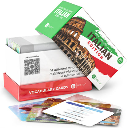 Italian Vocabulary Flash Cards – 300 Words with Pictures & Pronunciation – Educational Language Learning Tool for Students & Adults – Briston Italian Edition