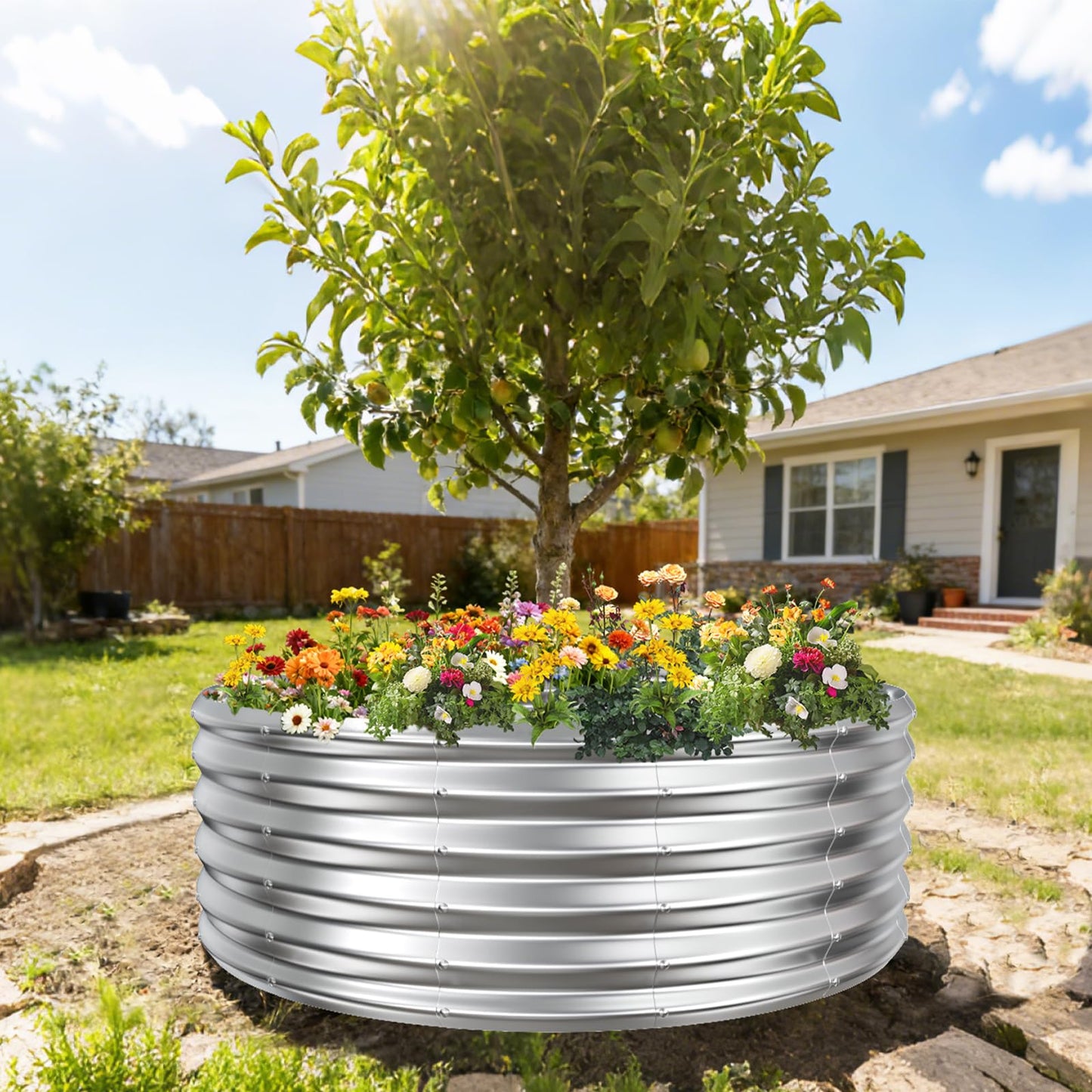 YSEJOMP 17" Tall Round Outdoor Garden Raised Garden Bed Kits-0.8MM Thick Metal Raised Planter Bed/Ground Planter Box for Variety of Flowers,Herbs,Vegetables,Trees (Silver, 48 Dia X 16.5inches)