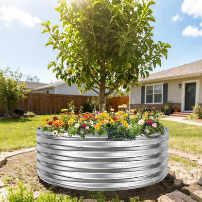 YSEJOMP 17" Tall Round Outdoor Garden Raised Garden Bed Kits-0.8MM Thick Metal Raised Planter Bed/Ground Planter Box for Variety of Flowers,Herbs,Vegetables,Trees (Silver, 48 Dia X 16.5inches)