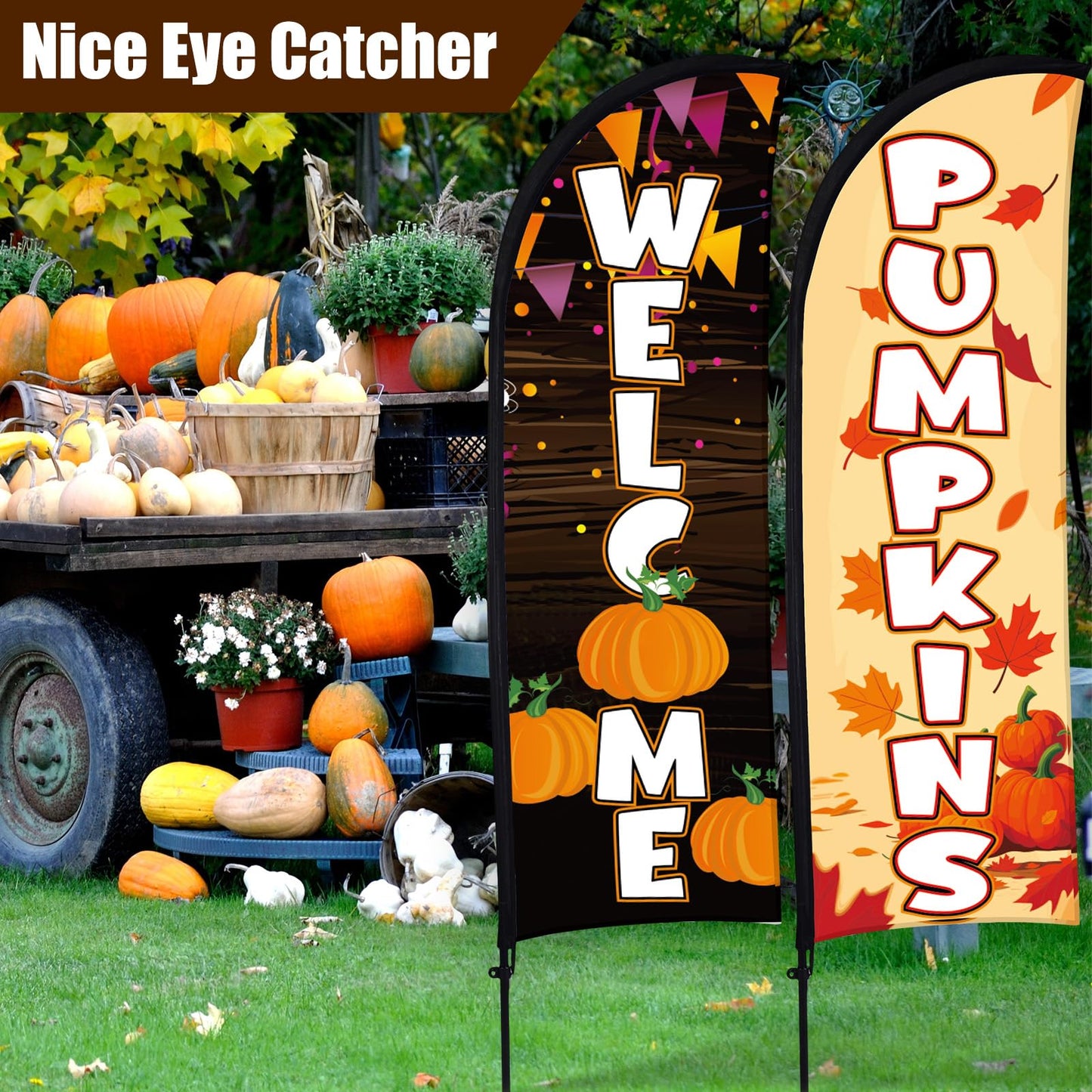 Buryeah 2 Sets Fall Pumpkin Feather Flags with Poles 7ft Thanksgiving Swoop Flags with Portable Bag Festival Signs Banner for Outdoor Halloween Holidays Decorations Businesses Advertising Outside