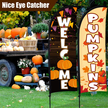 Buryeah 2 Sets Fall Pumpkin Feather Flags with Poles 7ft Thanksgiving Swoop Flags with Portable Bag Festival Signs Banner for Outdoor Halloween Holidays Decorations Businesses Advertising Outside