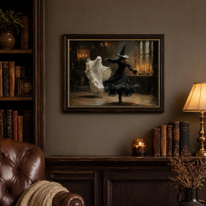 Vbaourut Framed Halloween Wall Art, Dancing Witch and Ghost Canvas Painting, Vintage Gothic Poster with Dark Brown Frame and Upgraded Hook and Loop for Bedroom, 9x11 in