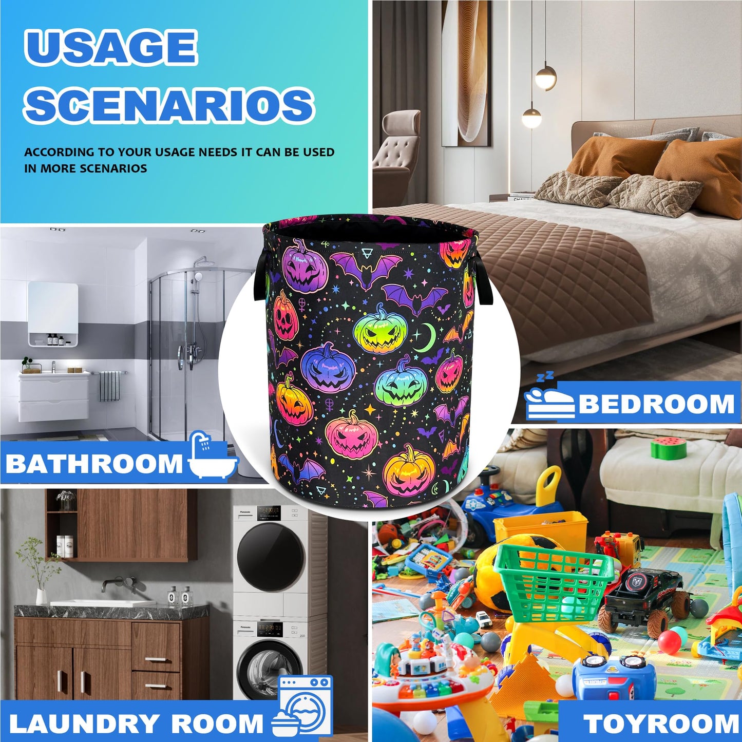 Pumpkin Bat Gothic Laundry Basket Oxford Cloth Funny Laundry Hamper With Handle Foldable Portable Clothes Storage Basket 18.9 X 16.5 In Storage Bag For Laundry Room/Bathroom/Bedroom/Dormitories