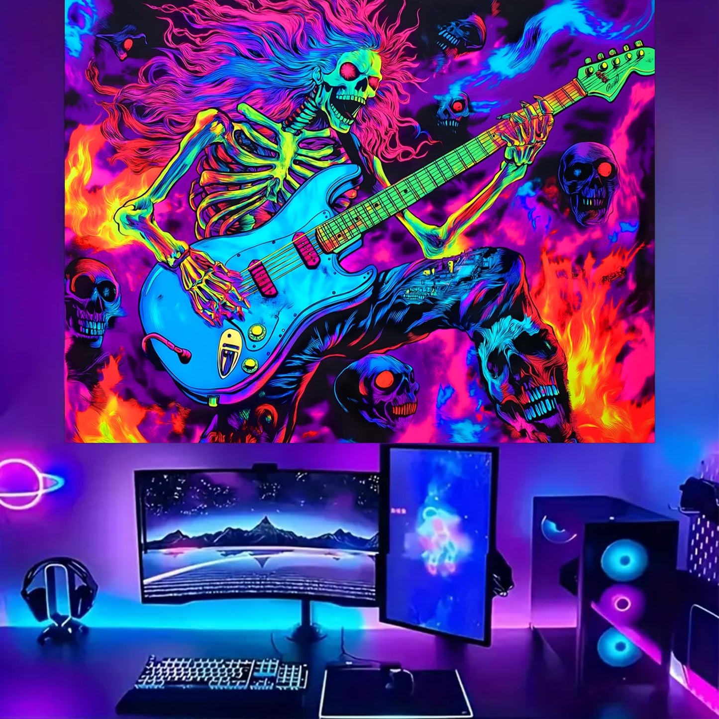 BSFHH Black Light Tapestry – UV Reactive Glow in the Dark Wall Hanging, Spooky Night Scene with Ghosts & Pumpkins, Haunting Home Decor for Parties, Bedroom, or Dorm (Guitar, 79L x 59W, Unframed)