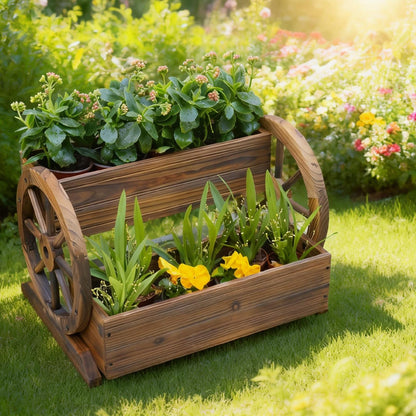 PUPATIOB Wooden Planter Box, 2-Tier Wagon Wheel Garden Planter with Wheels, Rustic Farmhouse Flower Cart Outdoor Decorative Vertical Raised Bed for Patio, Porch, Herbs & Succulents, Carbonized, Large