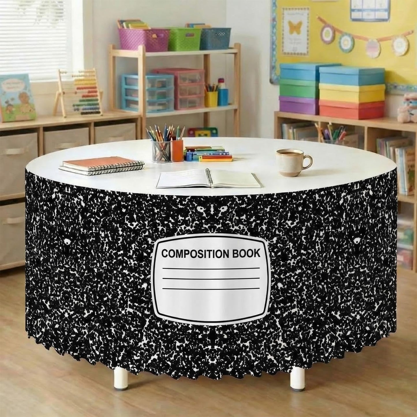 Windkream 14 ft Composition Book Table Skirt for Teacher Desk Rectangular Tablecloth Skirt Polyester Classroom Tableskirt for Teacher Preschool Decorations Back to School Party Supplies