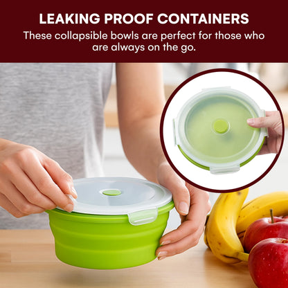 Vdomus Collapsible Food Storage Containers - Leak Proof, Microwave Safe - 40.5oz/1.2L Airtight Silicone Food Containers - Meal Prep Collapsible Bowls with Lids - Set of 3 - Green