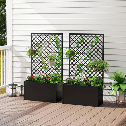 kinbor Planter with Trellis - Set of 2 Planter Boxes Outdoor, Metal Raised Garden Bed with Lattice Trellis for Climbing Plants, Black Flower Boxes Outdoor