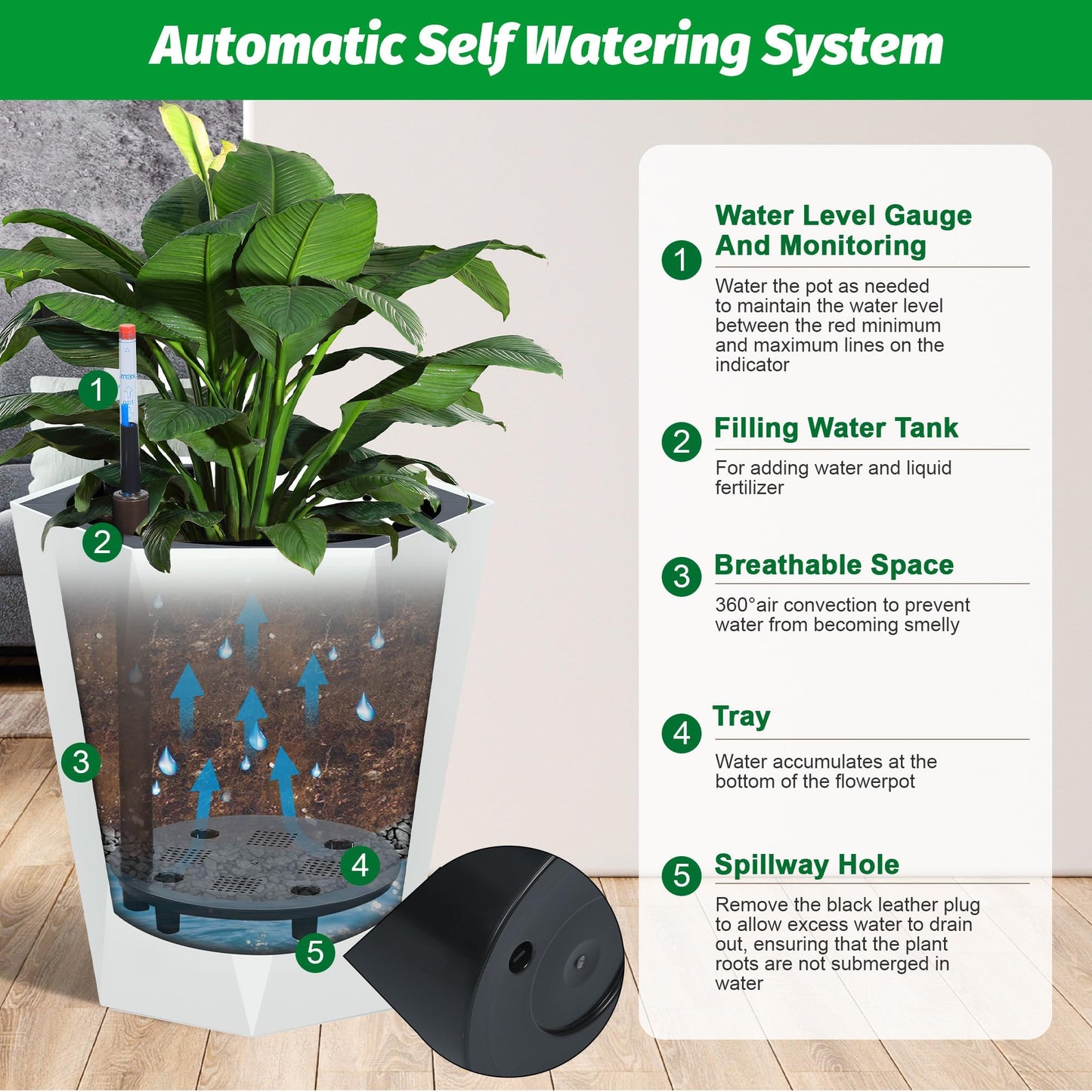 16" White Tall Planters Outdoor Set of 2, Large White Flower Pots Outdoor with Drainage Holes & Automatic Watering System, Modern Large Resin Planters for Outdoor Plants, Front Porch, Deck, Diamond