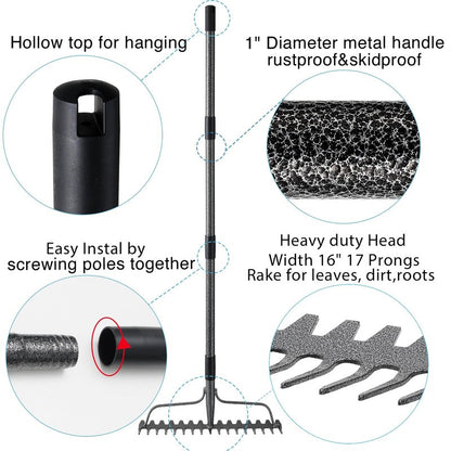Bow Rake, Detachable Heavy Duty Metal Garden Rake for Loosening Soil, Leveling Lawn, Leaves Cleaning,63 Inch Long Handle Yard Rock Rake for Gardening,17 Prongs Leaf RakeThatch Rake for Lawn