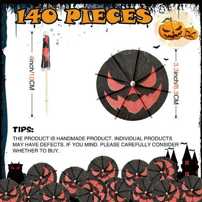 140 Pcs Halloween Pumpkin Cocktail Umbrella Picks - Spooky Fun Drink Stirrers, Fruit Cupcake Toppers for Festive Parties & Decorations (Red-Black)