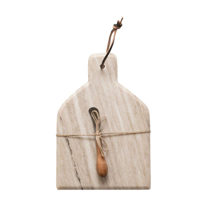 Creative Co-Op Marble Cheese and Cutting Board with Handle, Leather Tie and Canape Knife, Buff, Set of 2