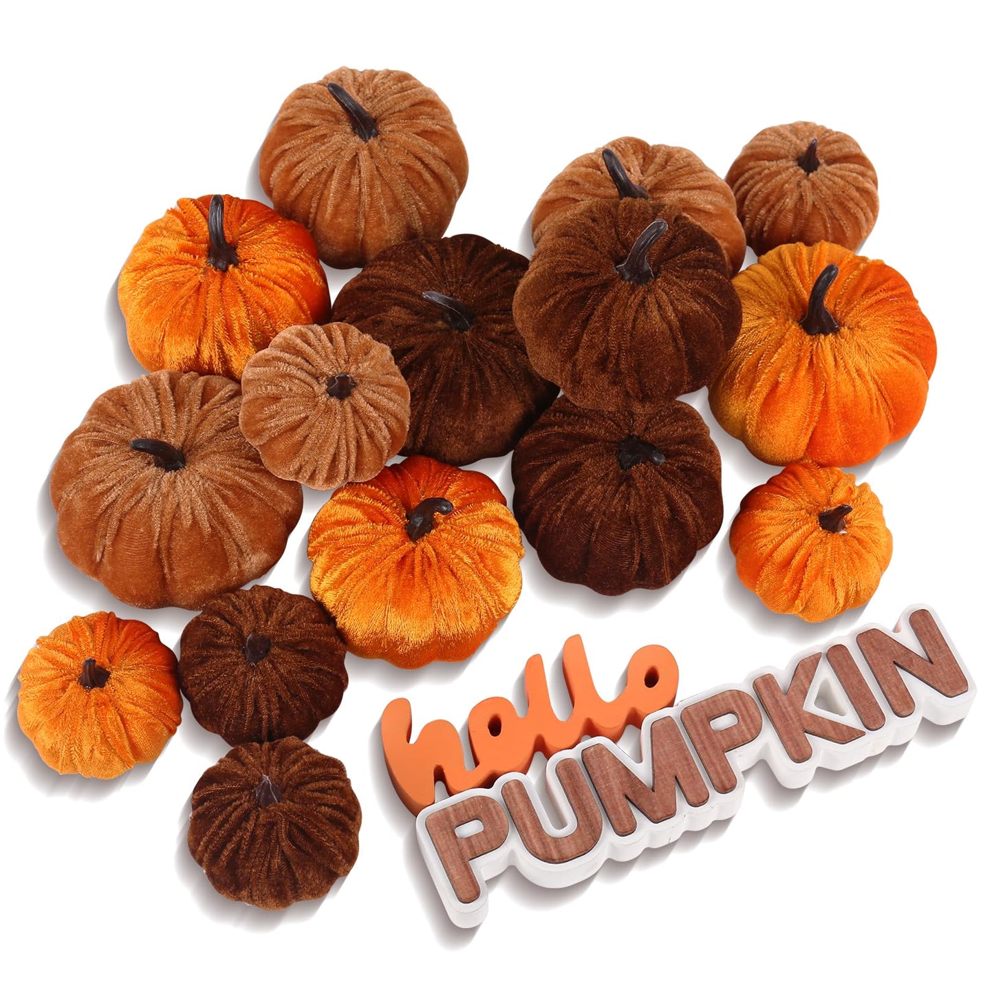 PurpleSwan 17 Pack Fall Artificial Velvet Pumpkins Decorations, Foam Faux Flocked Pumpkin Including Wooden Hello Pumpkins Sign, for Home Autumn Harvest Theme Party Halloween Thanksgiving Table Decor.
