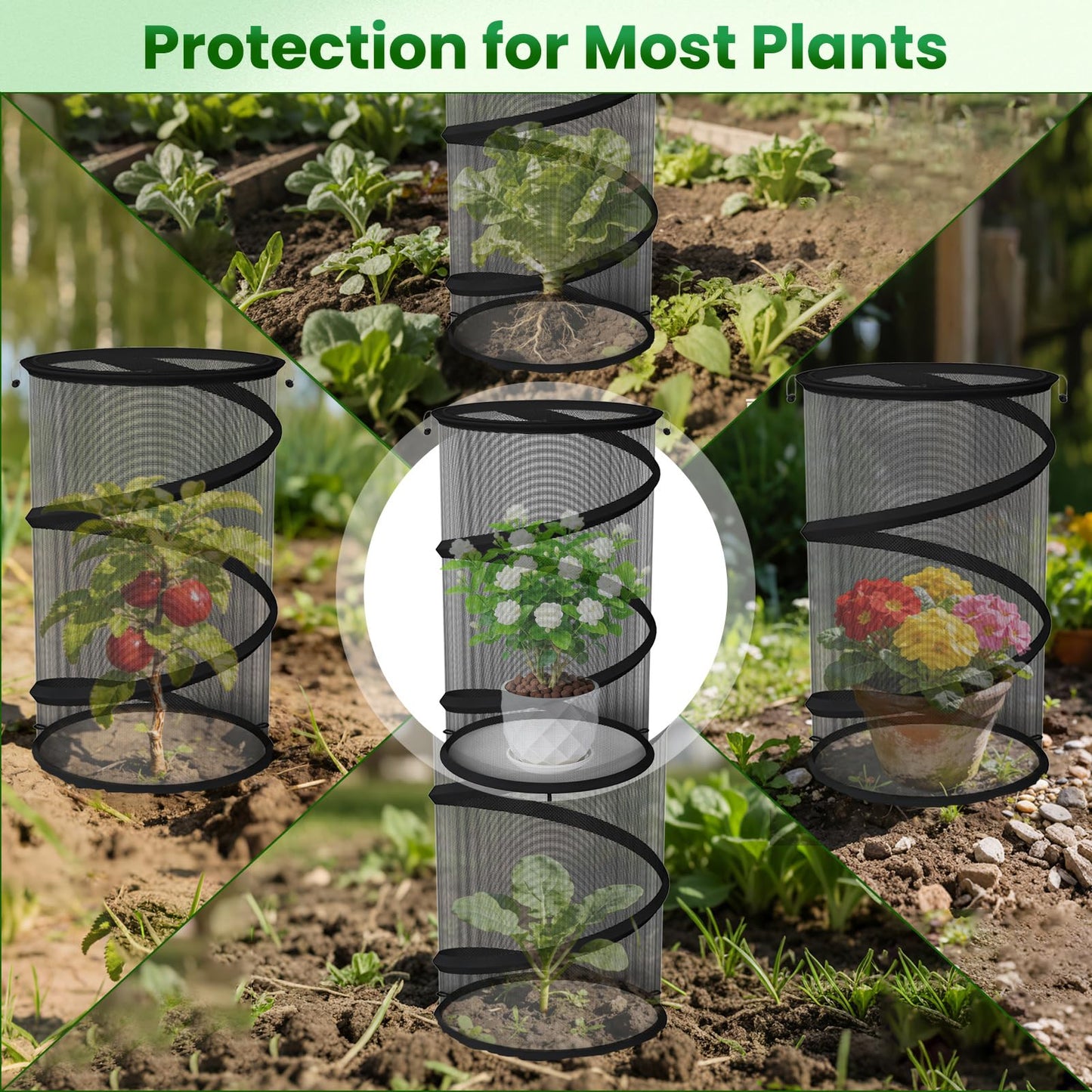 4 Pack Pop up Plant Guard Covers Tent from Animals Black, 19.6" x 11.8" Foldable Plant Protectors Mesh Net, Garden Plant Enclosure Protection Cage with Stakes & Carry Bag for Outdoor Plants