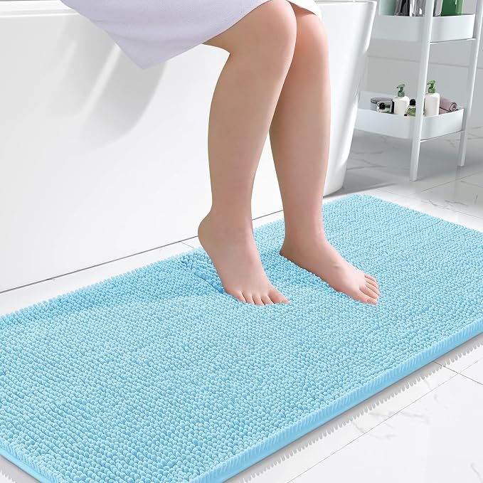 OLANLY Bathroom Runner Rugs 47x24, Soft Absorbent Chenille Bath Rugs, Rubber Backing Quick Dry, Machine Washable Long Bath Mats for Bathroom Floor, Tub and Shower, Home Decor Accessories, Sky Blue