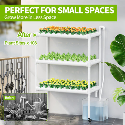 SPECILITE Hydroponics Growing System with Wheels, 3-Tier 108 Plant Sites Food-Grade PVC-U Pipes Gardening Kit for Leafy Vegetables, Lettuce, Herbs, with Water Pump, Indoor, Outdoor